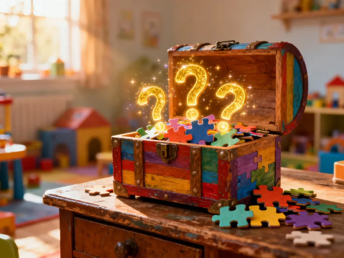 Drewniana skrzynia pełna świecących znaków zapytania i puzzli, symbolizująca fascynujący świat zagadek dla dzieci.