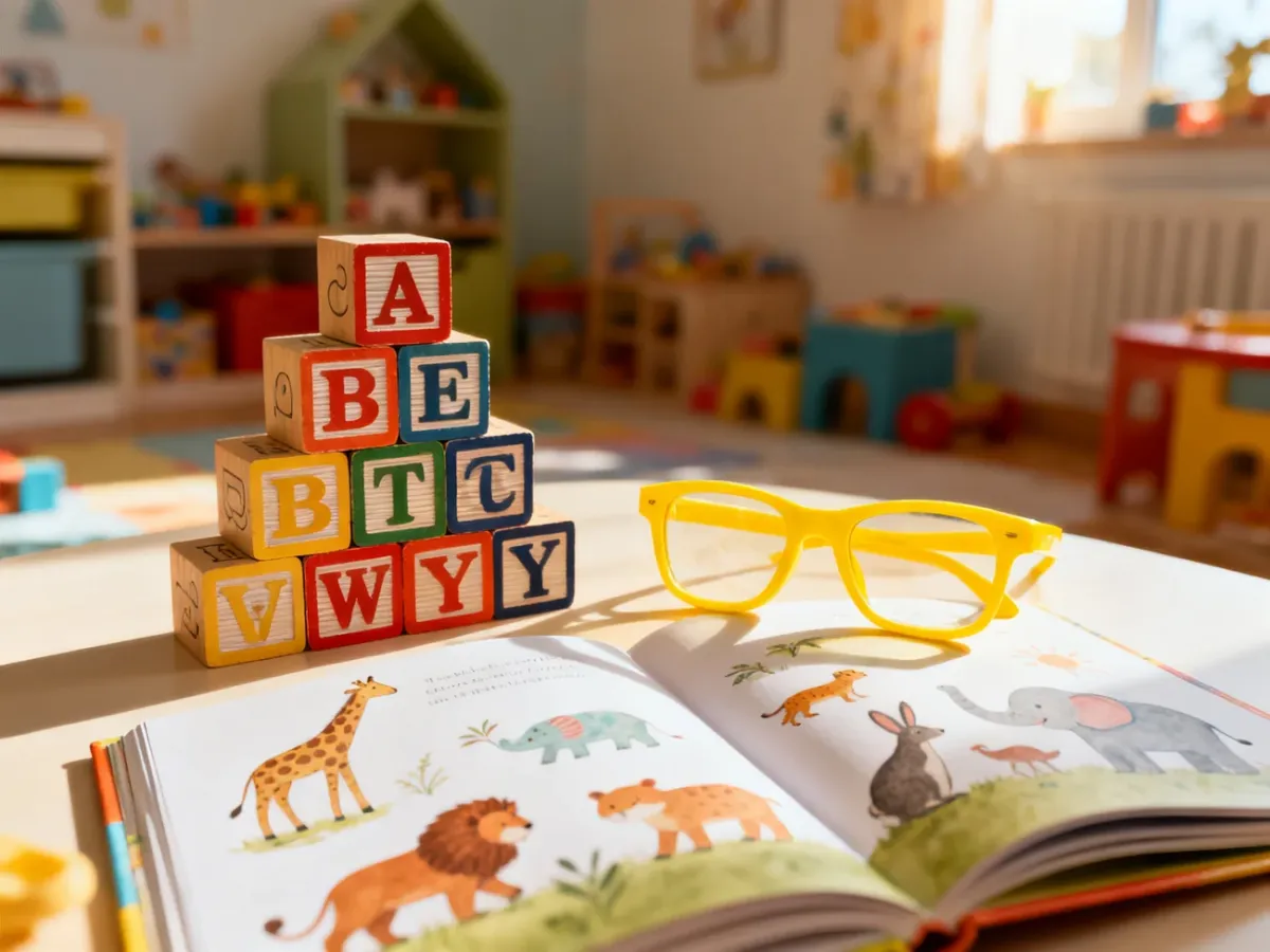 Drewniane klocki z literami, żółte okulary i otwarta książka z ilustracjami zwierząt zachęcają dzieci do nauki i zabawy.