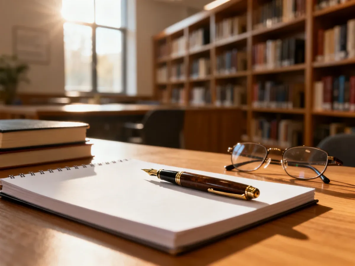 Eleganckie biurko z piórem i notatnikiem w tle biblioteki, symbolizujące pracę twórczą i intelektualną.