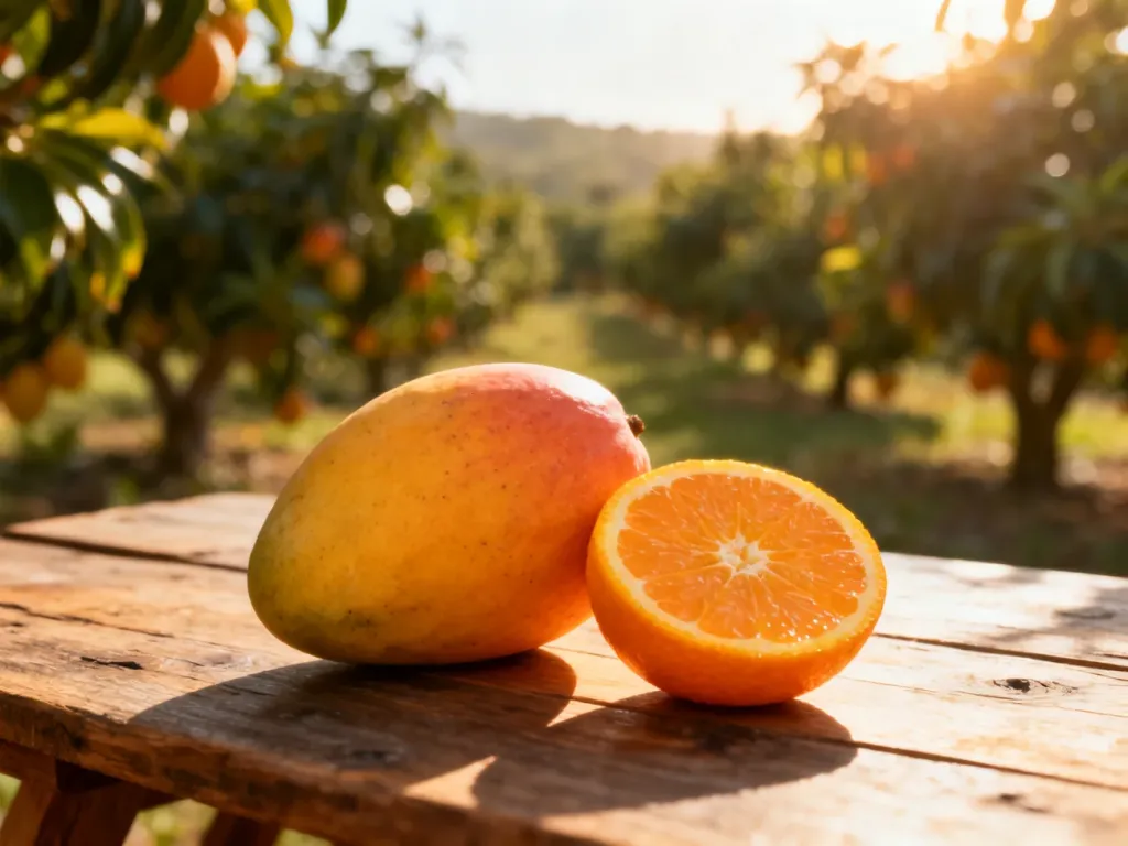 Świeże mango i przekrojona mandarynka na drewnianym stole w promieniach porannego słońca.