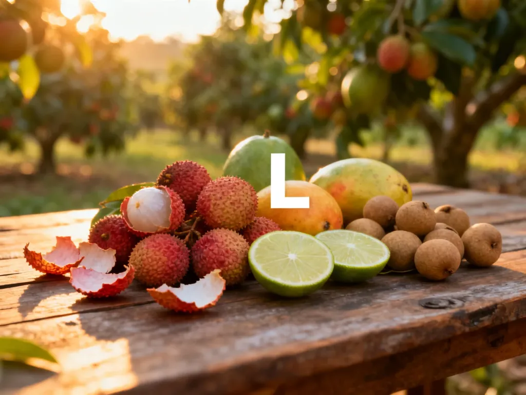 Aranżacja egzotycznych owoców na literę „l”, takich jak liczi, limonki i longany, wyeksponowana na rustykalnym stole.
